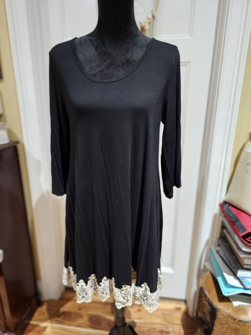 Black Scoop-Neck Tunic with Cream Lace Hem & Pockets, NWT